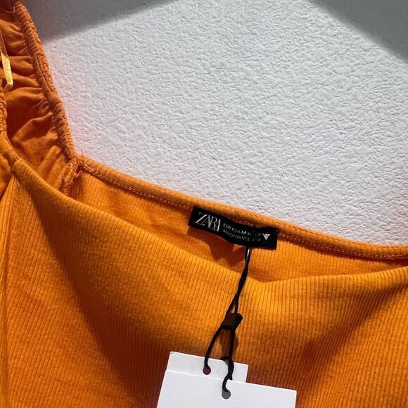 Zara Neon Orange Puff Sleeve Ruched Crop Top - Picture 8 of 9